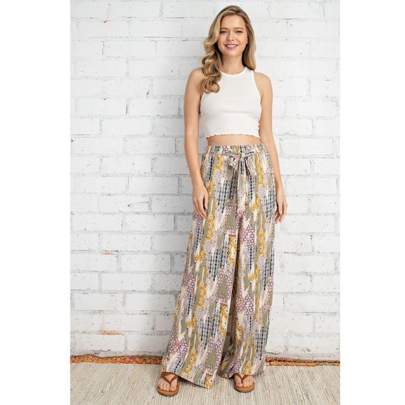 Palazzo Pants Patchwork Printed Front Tie Detail with Lining - Picture 3 of 8